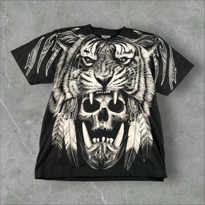 Vintage Rock Eagle Shirt Mens Large Black 90s Tiger Skull Liquid Blue AOP RARE